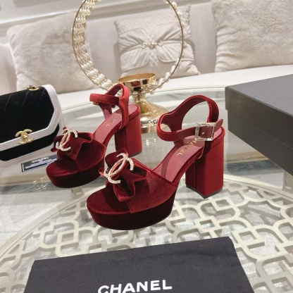 CHANE1 高品質ダブルCロゴベルベット太ヒールサンダル【50％割引+送料無料】
