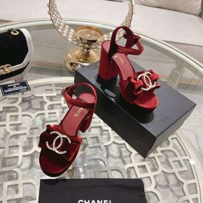 CHANE1 高品質ダブルCロゴベルベット太ヒールサンダル【50％割引+送料無料】