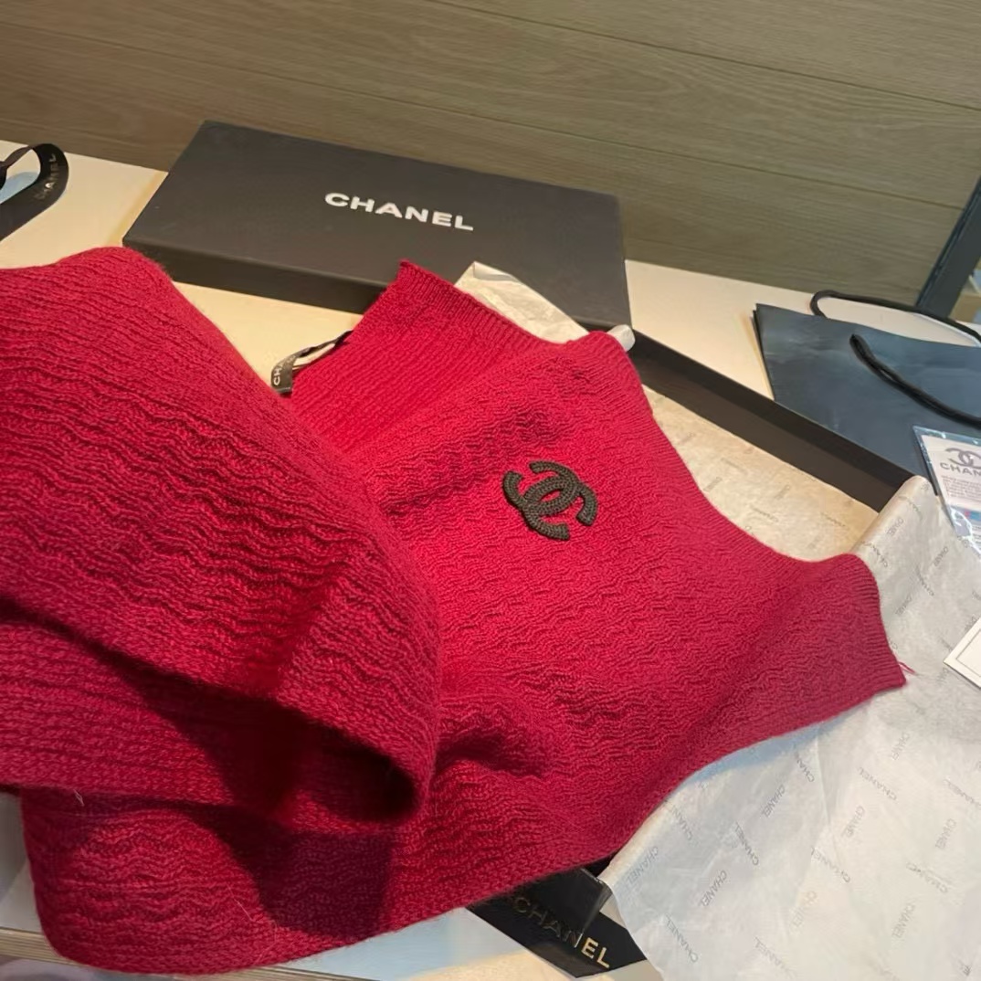CHANE1 レッド ダブル C ロゴ ウール スカーフ【50％割引+送料無料】