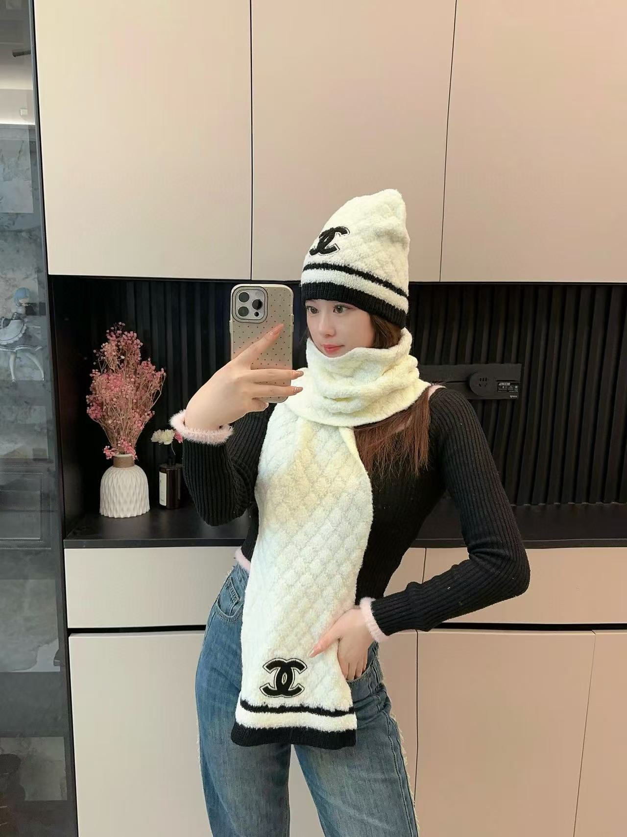 CHANE1 ウール帽子+スカーフ2点セット【50％割引+送料無料】