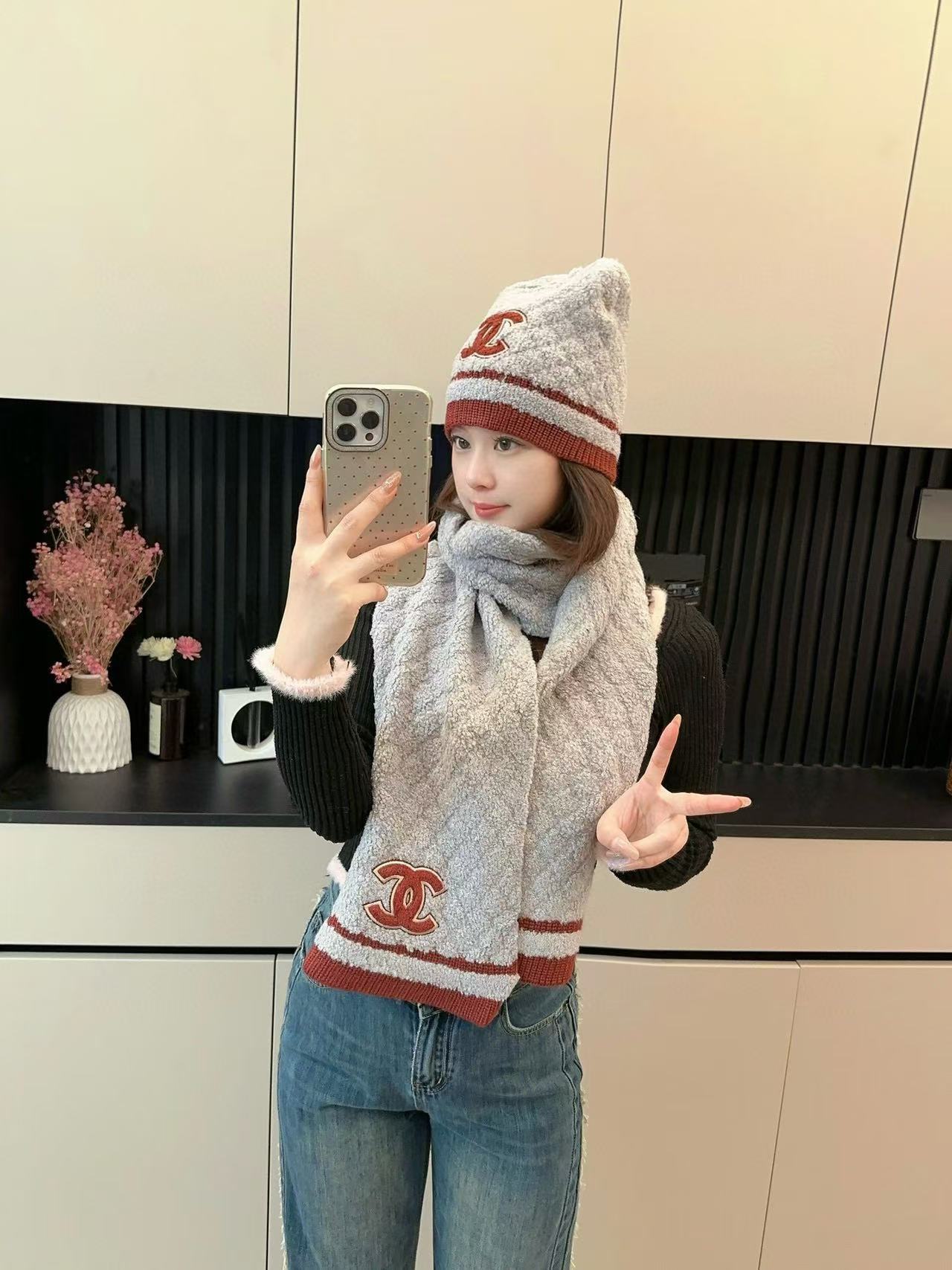 CHANE1 ウール帽子+スカーフ2点セット【50％割引+送料無料】