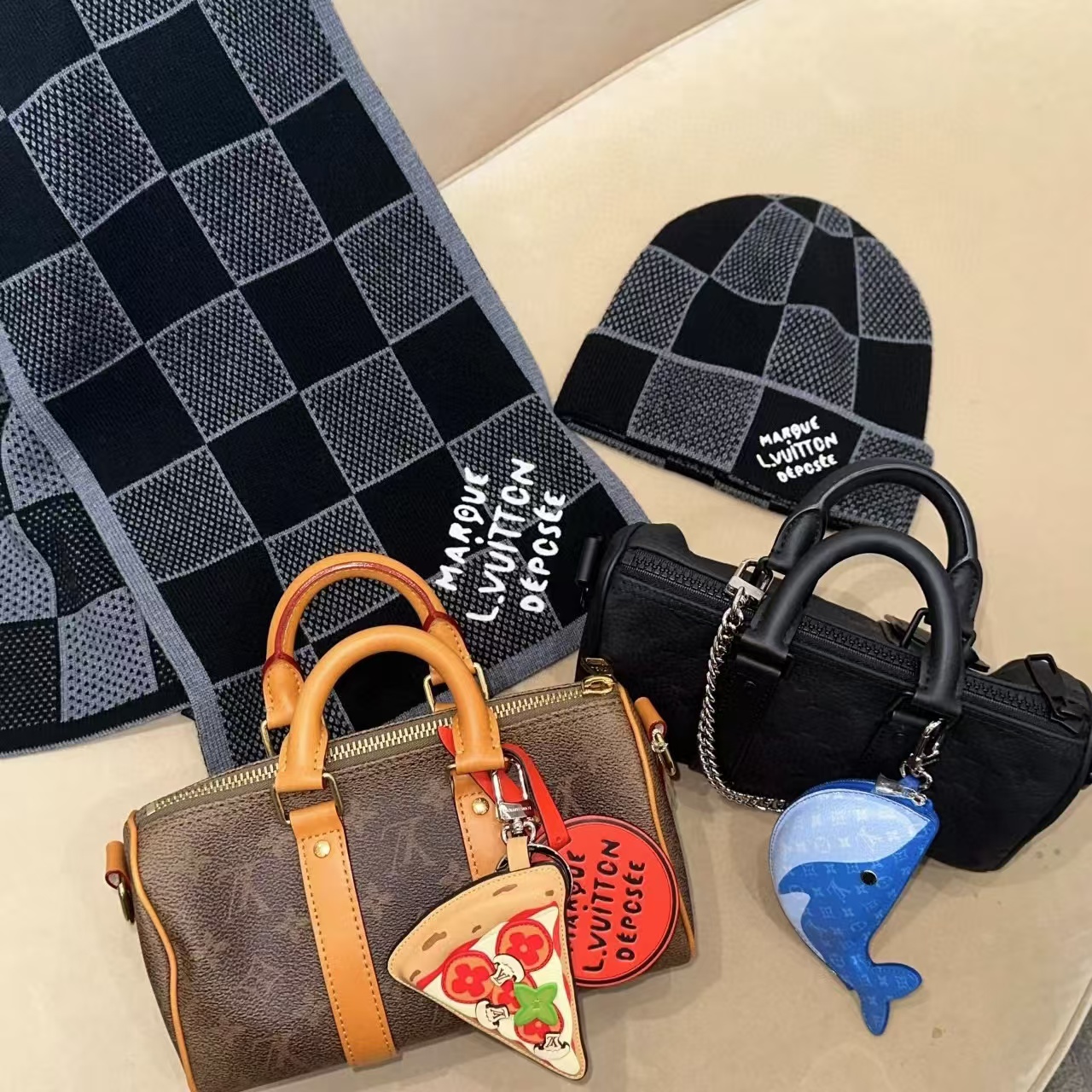 LVチェック柄ウールハット+スカーフ2点セット【50％割引+送料無料】