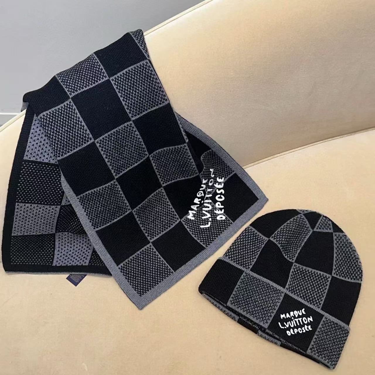 LVチェック柄ウールハット+スカーフ2点セット【50％割引+送料無料】