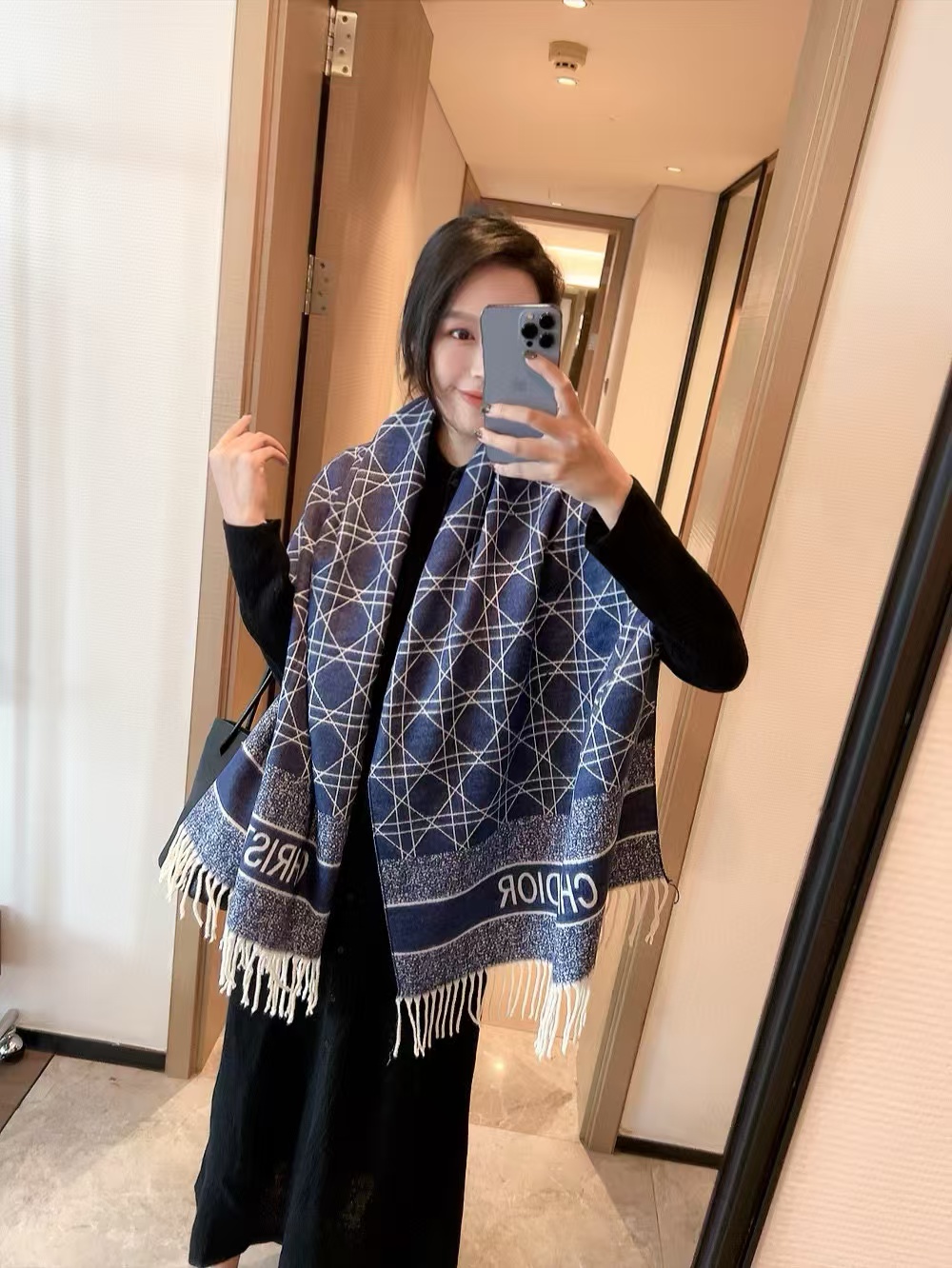 DI0R チェック柄ウール フリンジ付きスカーフ【50％割引+送料無料】