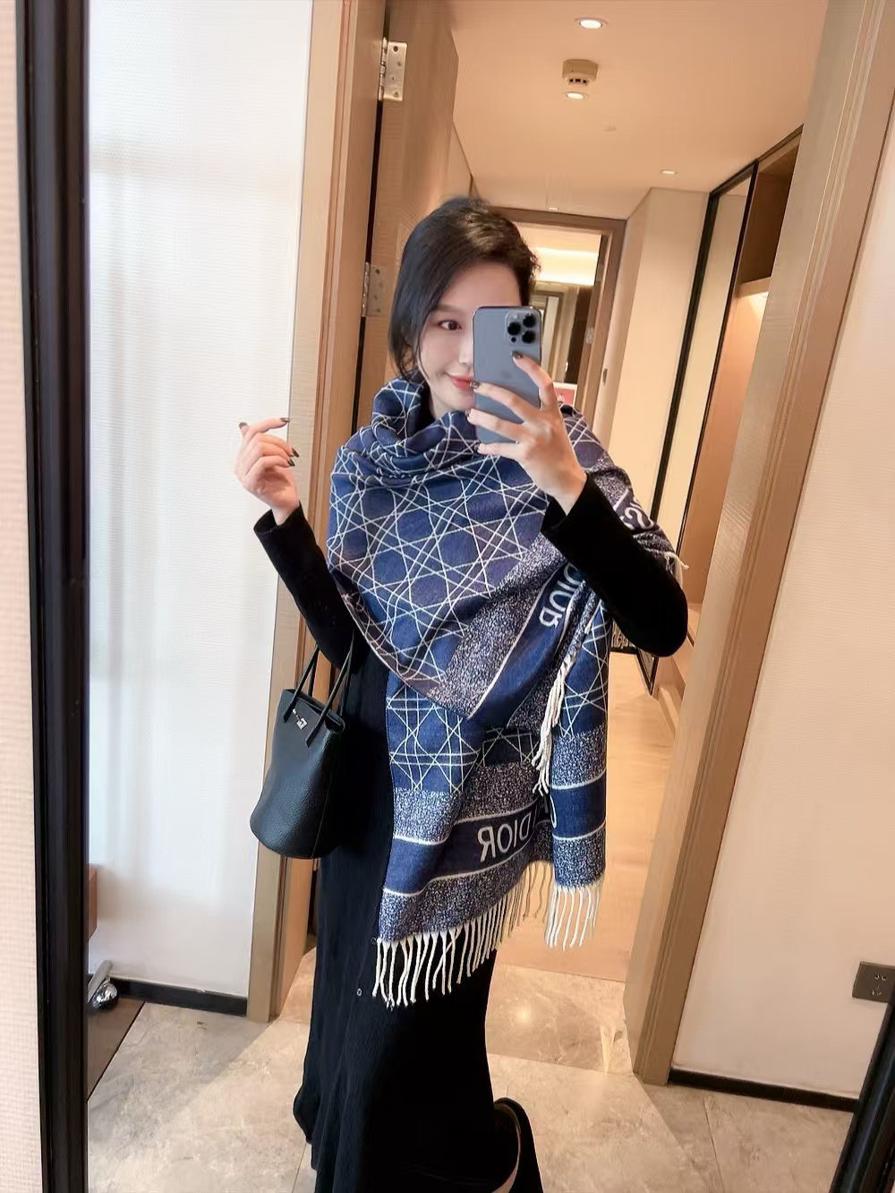 DI0R チェック柄ウール フリンジ付きスカーフ【50％割引+送料無料】