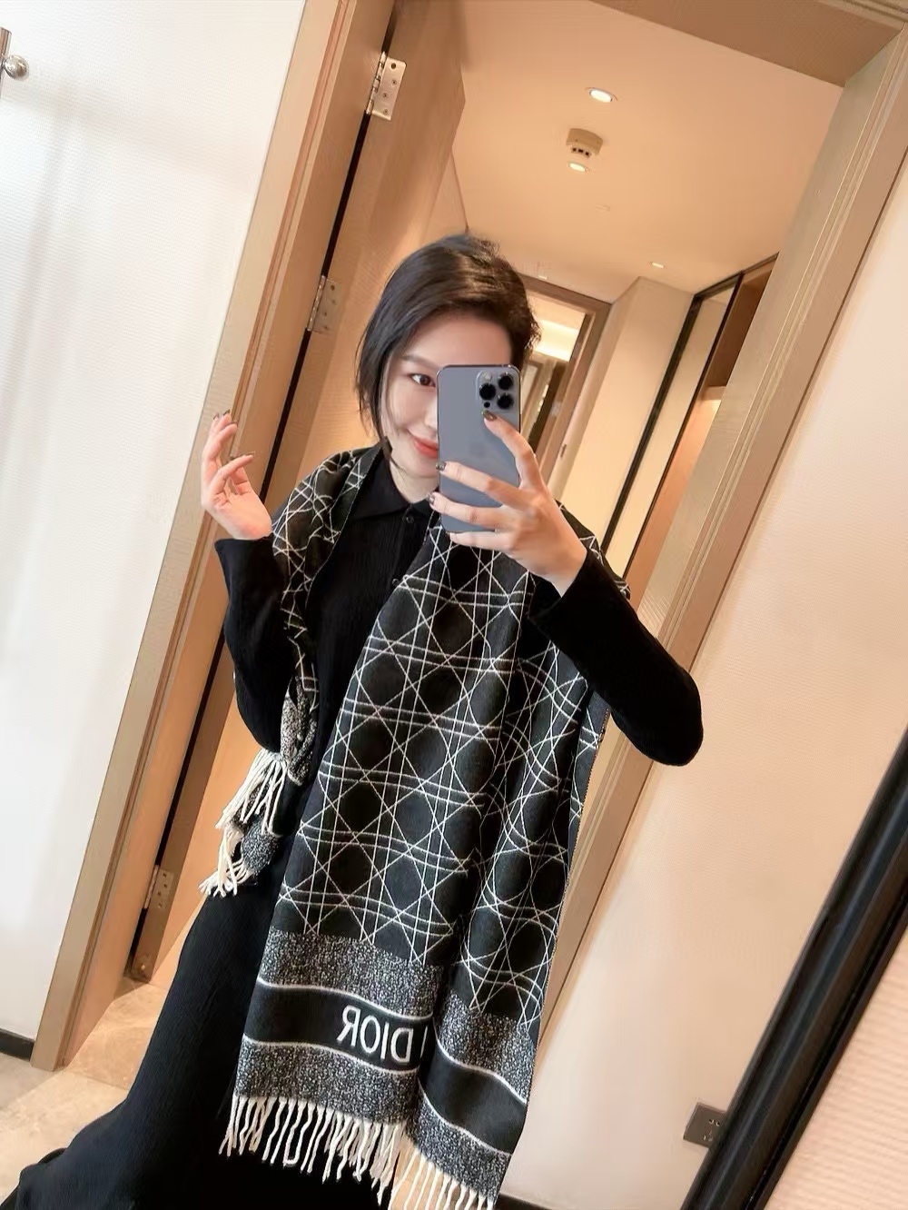 DI0R チェック柄ウール フリンジ付きスカーフ【50％割引+送料無料】