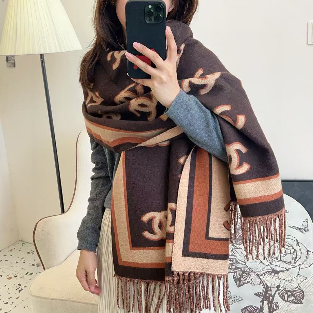 CHANE1 ダブルC フルロゴ カシミアスカーフ【50％割引+送料無料】