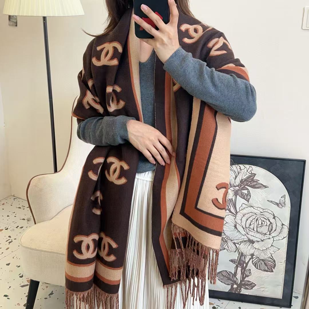 CHANE1 ダブルC フルロゴ カシミアスカーフ【50％割引+送料無料】
