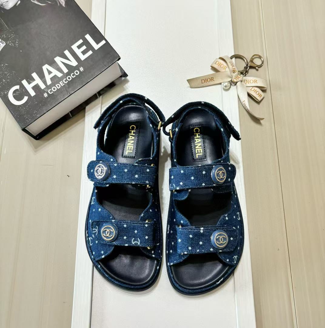 CHANE1 ドット柄デニムベルクロサンダル【50％割引+送料無料】
