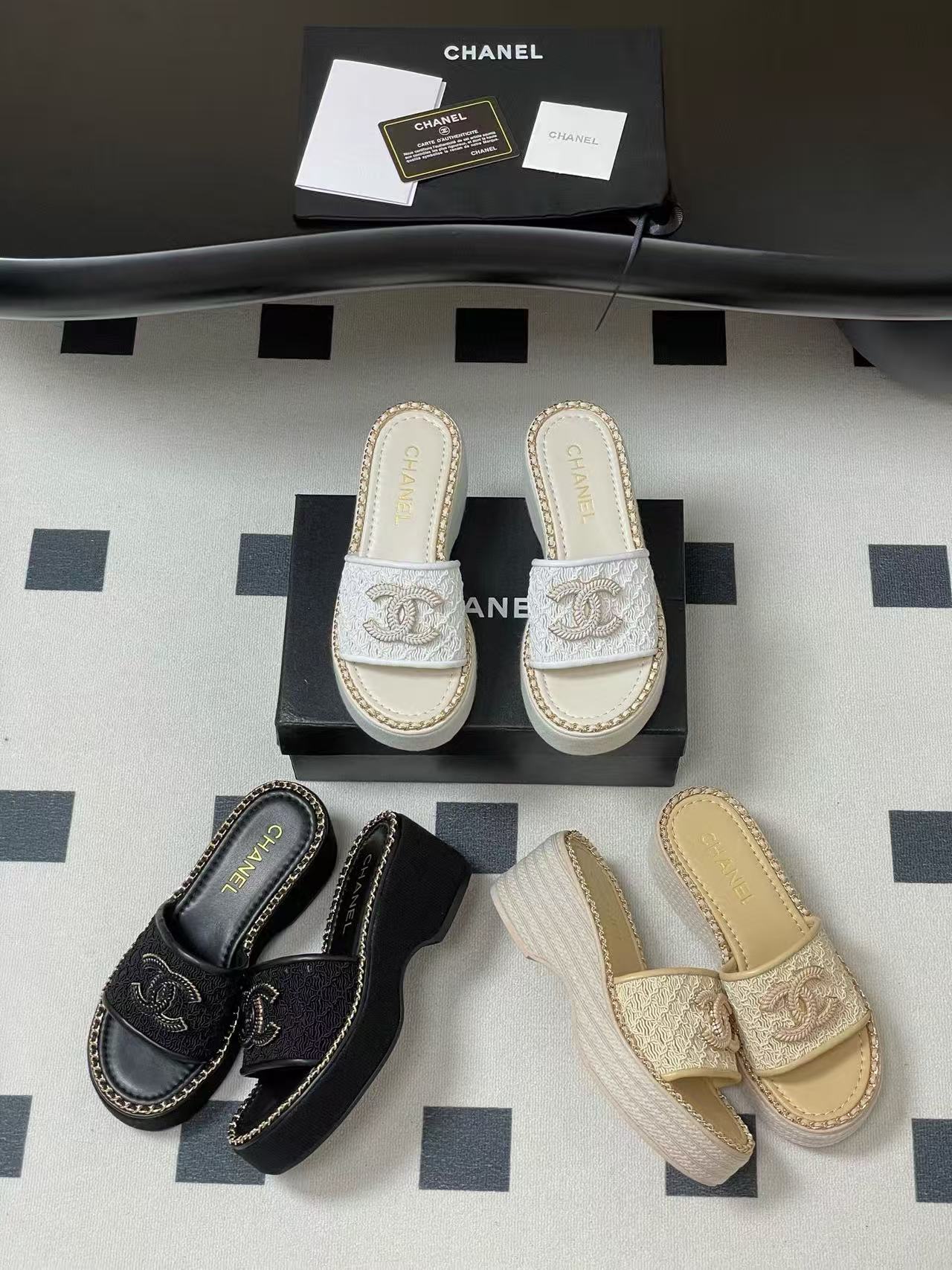 CHANE1 高品質チェーンダブルC文字厚底スリッパ【50％割引+送料無料】