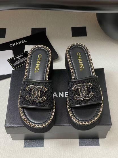 CHANE1 高品質チェーンダブルC文字厚底スリッパ【50％割引+送料無料】