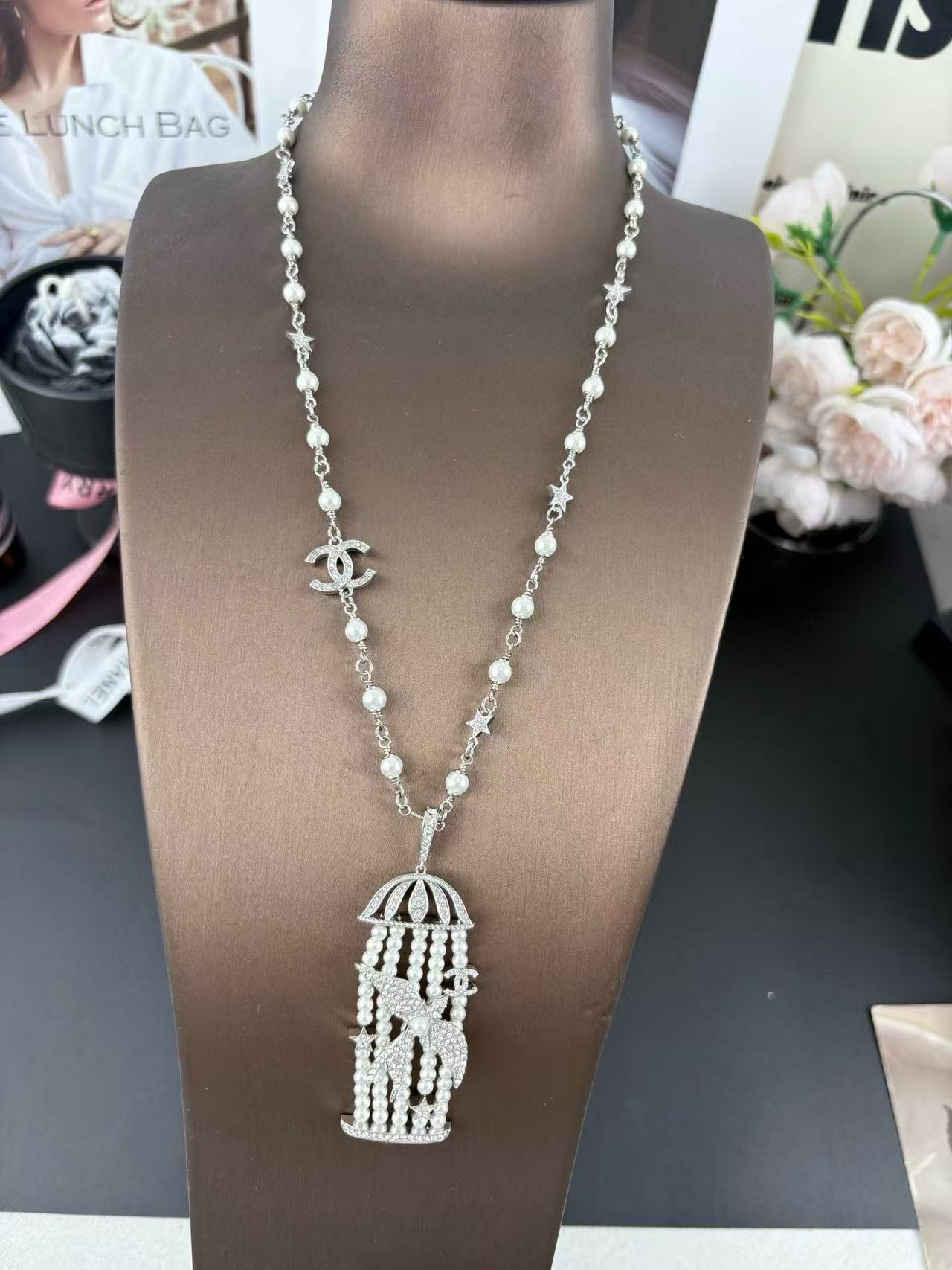 CHANE1 バードケージパールラインストーンロングネックレス【 50％割引+送料無料】