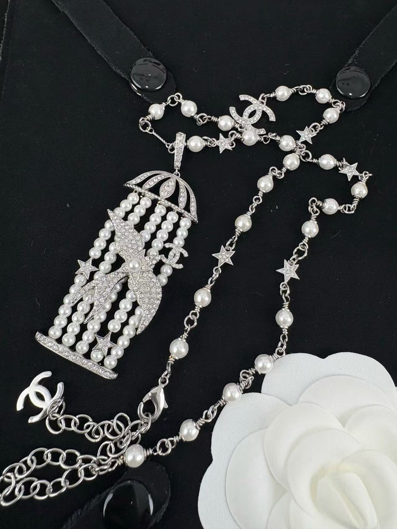 CHANE1 バードケージパールラインストーンロングネックレス【 50％割引+送料無料】