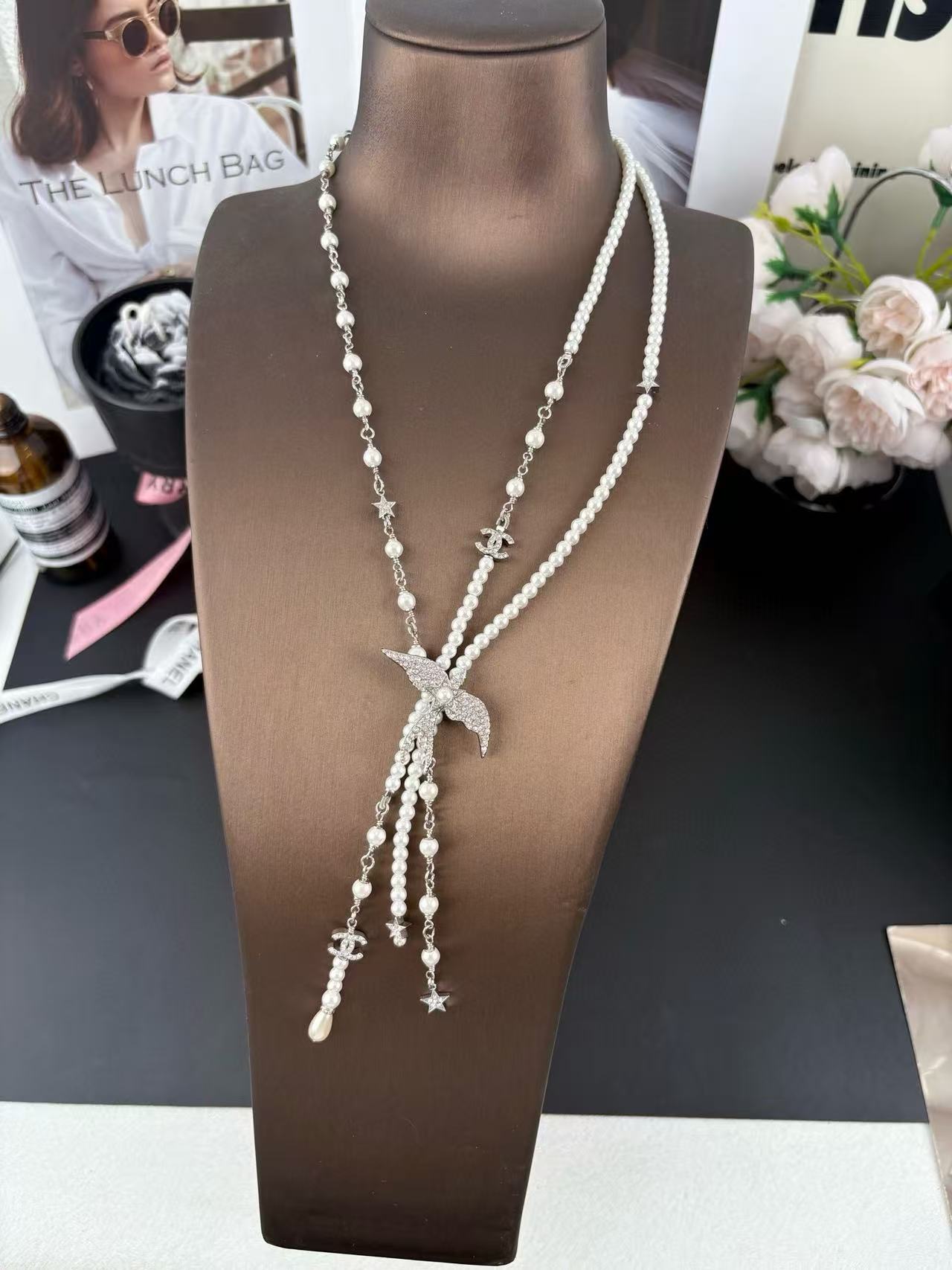 CHANE1 ダブルパール ダブルC バード ロングネックレス【 50％割引+送料無料】