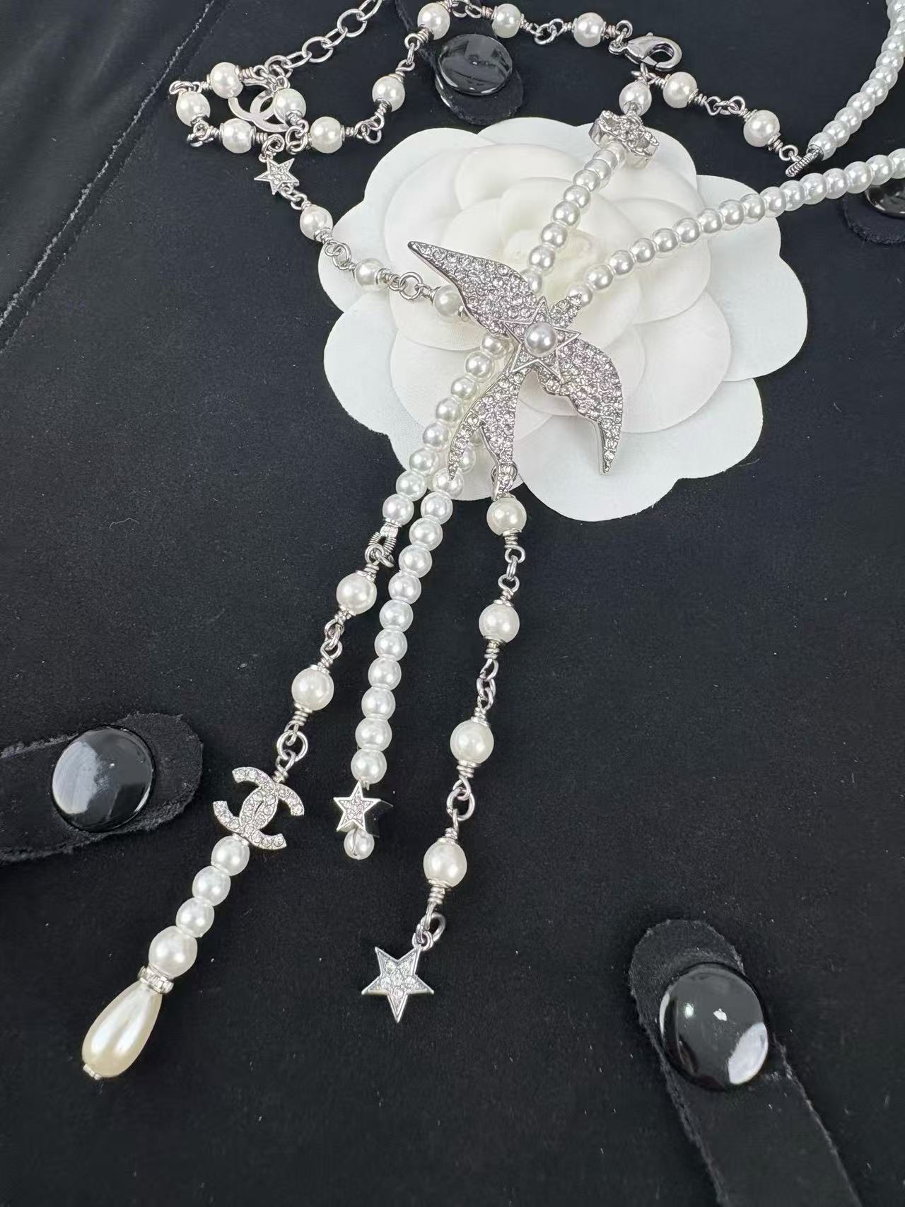 CHANE1 ダブルパール ダブルC バード ロングネックレス【 50％割引+送料無料】