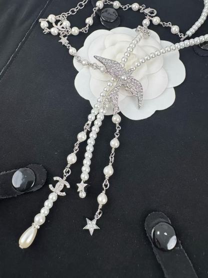 CHANE1 ダブルパール ダブルC バード ロングネックレス【 50％割引+送料無料】