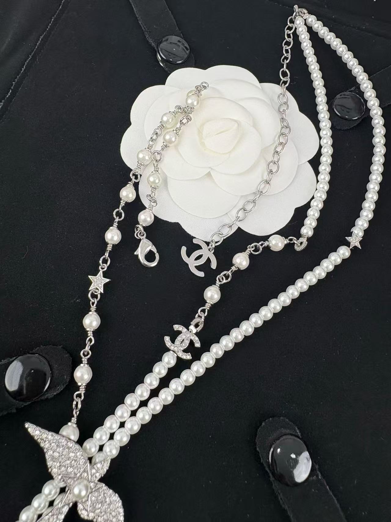 CHANE1 ダブルパール ダブルC バード ロングネックレス【 50％割引+送料無料】