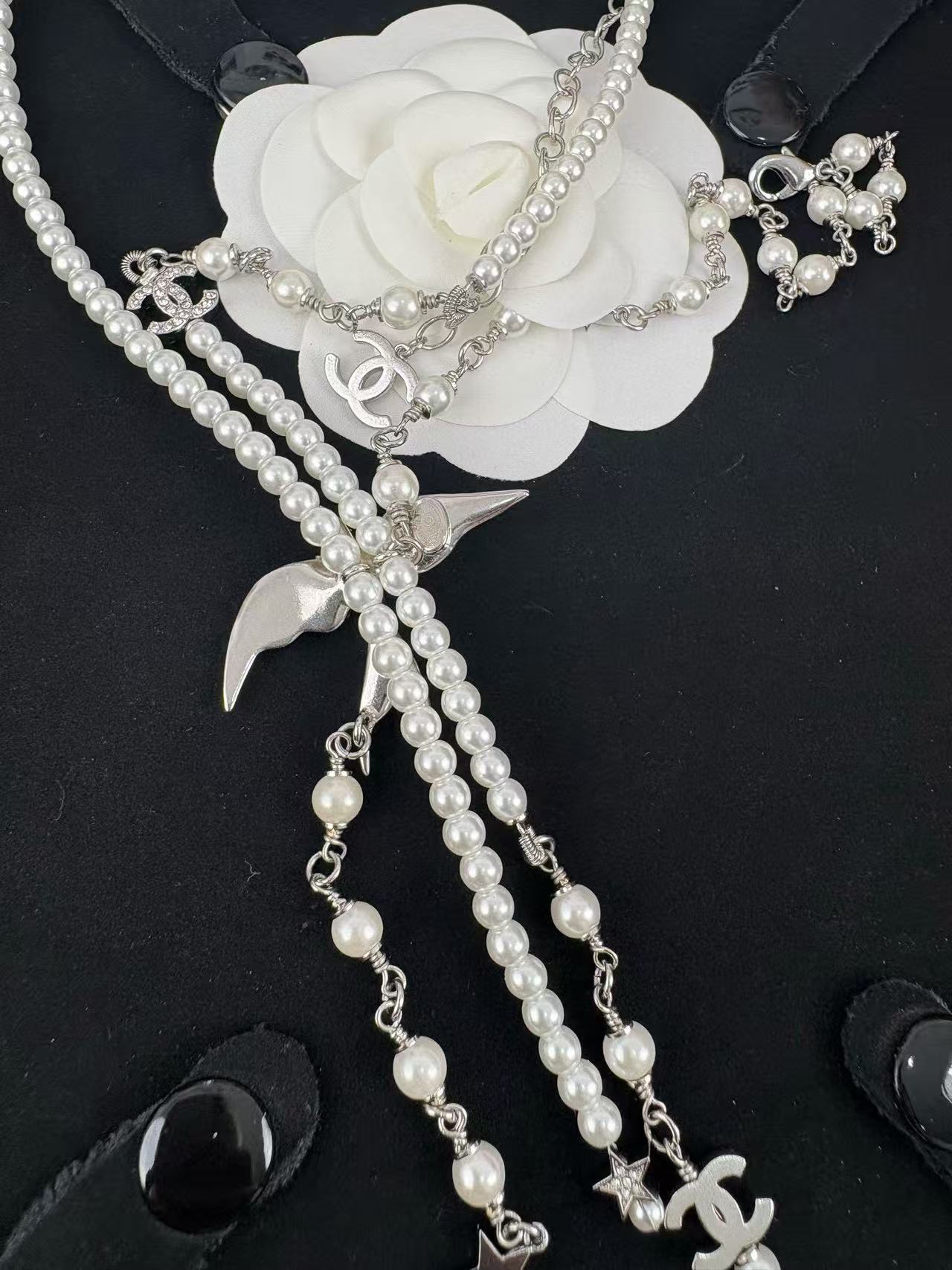 CHANE1 ダブルパール ダブルC バード ロングネックレス【 50％割引+送料無料】