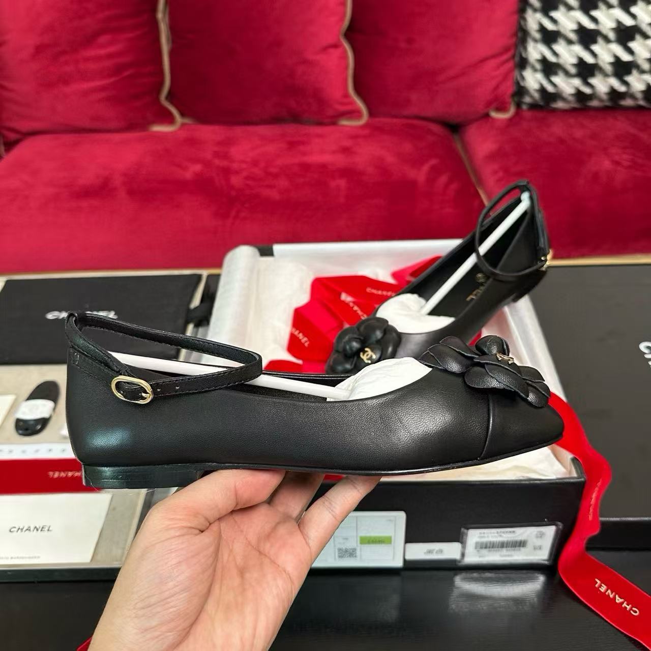 CHANE1 高品質カメリアメリージェーンフラットシューズ【50％割引+送料無料】