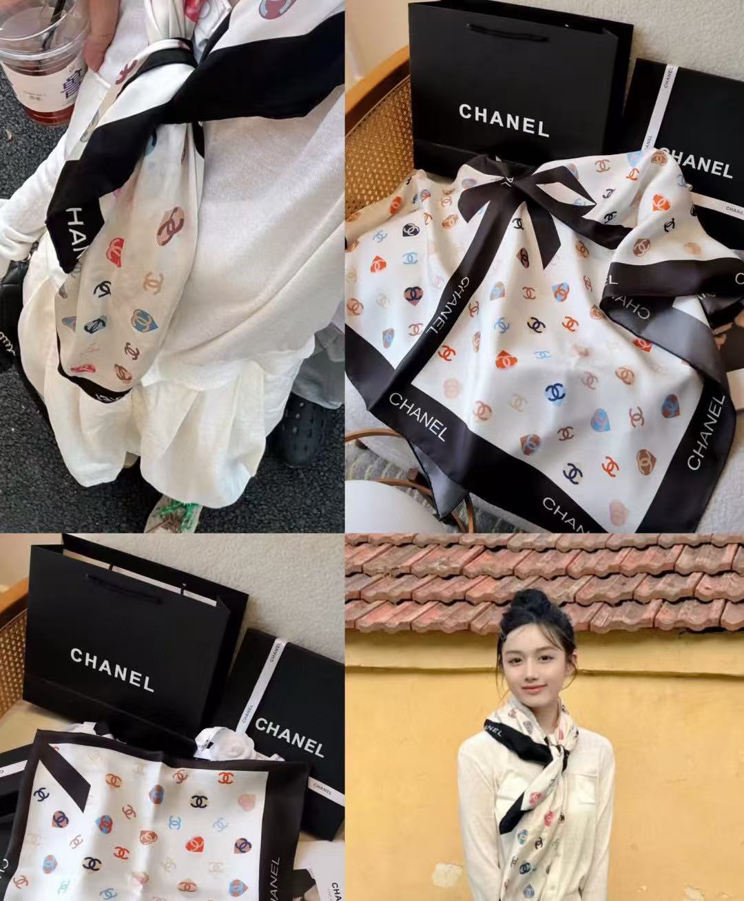 CHANE1 ダブルC フルロゴ シルクスカーフ【50％割引+送料無料】