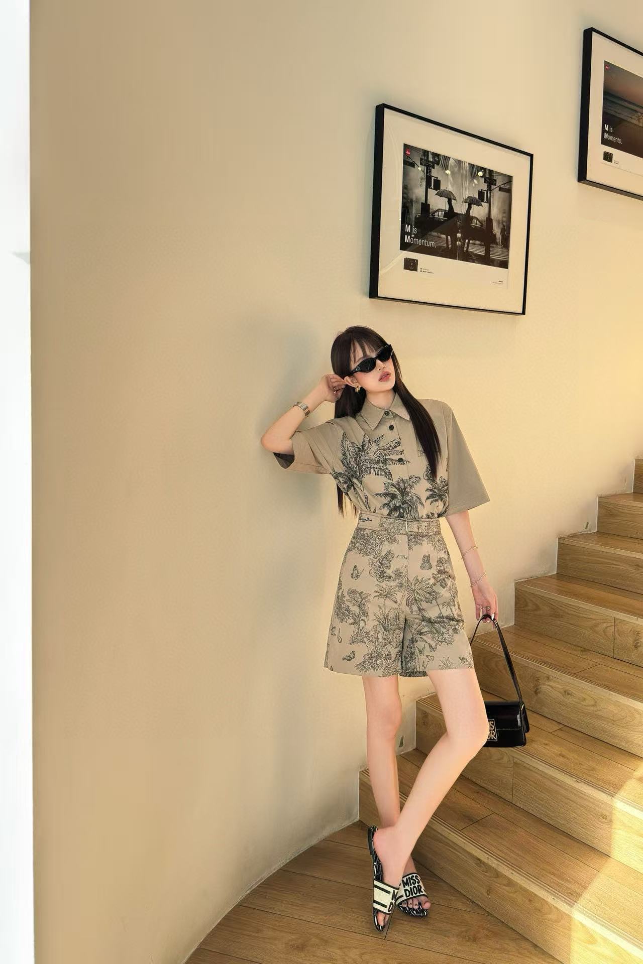 DI0R バタフライプリントシャツ+ショーツ ツーピースセット【50％割引+送料無料】