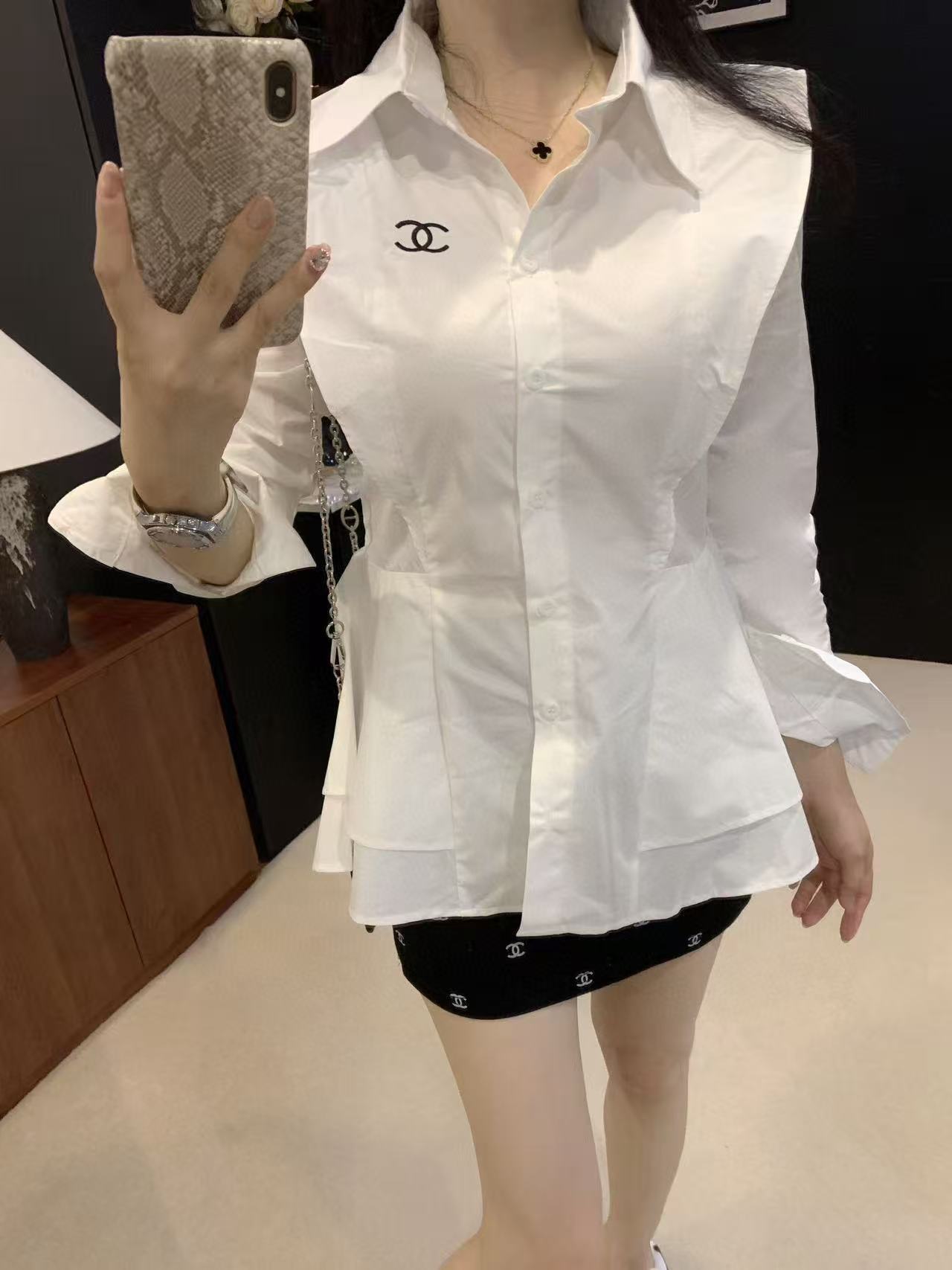 CHANE1 ダブルCラペル長袖シャツ【50％割引+送料無料】