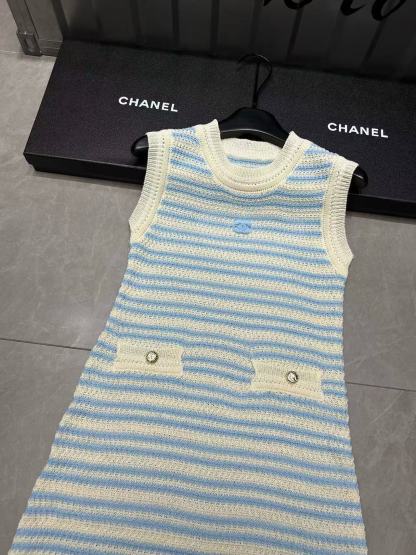 CHANE1 ブルーストライプ ダブルC ノースリーブドレス【50％割引+送料無料】
