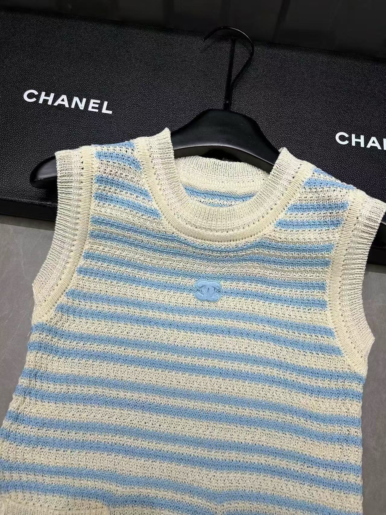 CHANE1 ブルーストライプ ダブルC ノースリーブドレス【50％割引+送料無料】