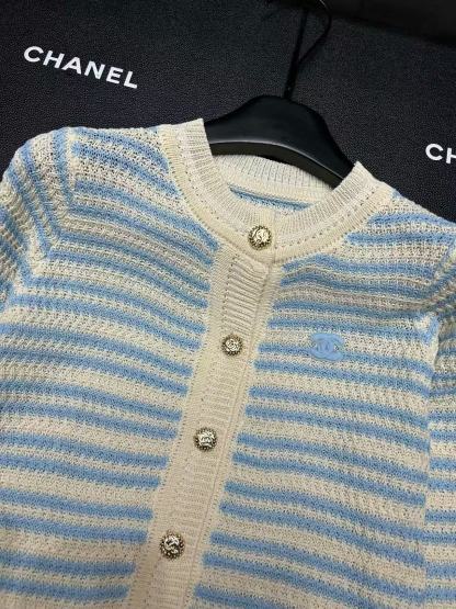 CHANE1 ブルーストライプ ダブルCカーディガン【50％割引+送料無料】