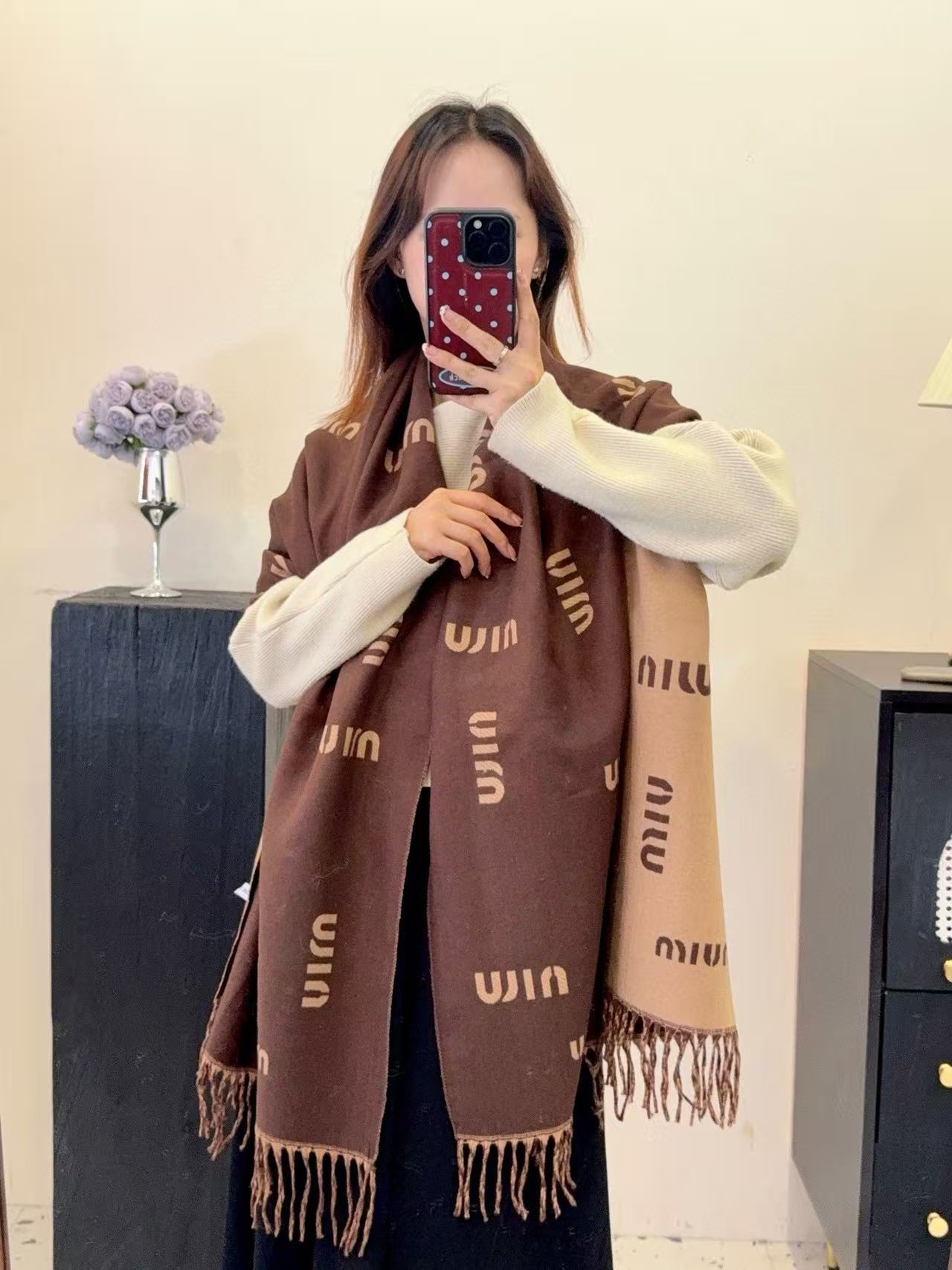 M1UM1U 秋冬 レタード カシミヤ タッセル スカーフ【50％割引+送料無料】