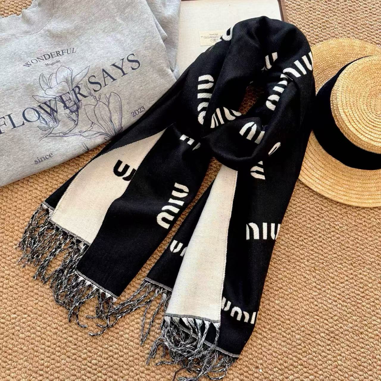 M1UM1U 秋冬 レタード カシミヤ タッセル スカーフ【50％割引+送料無料】