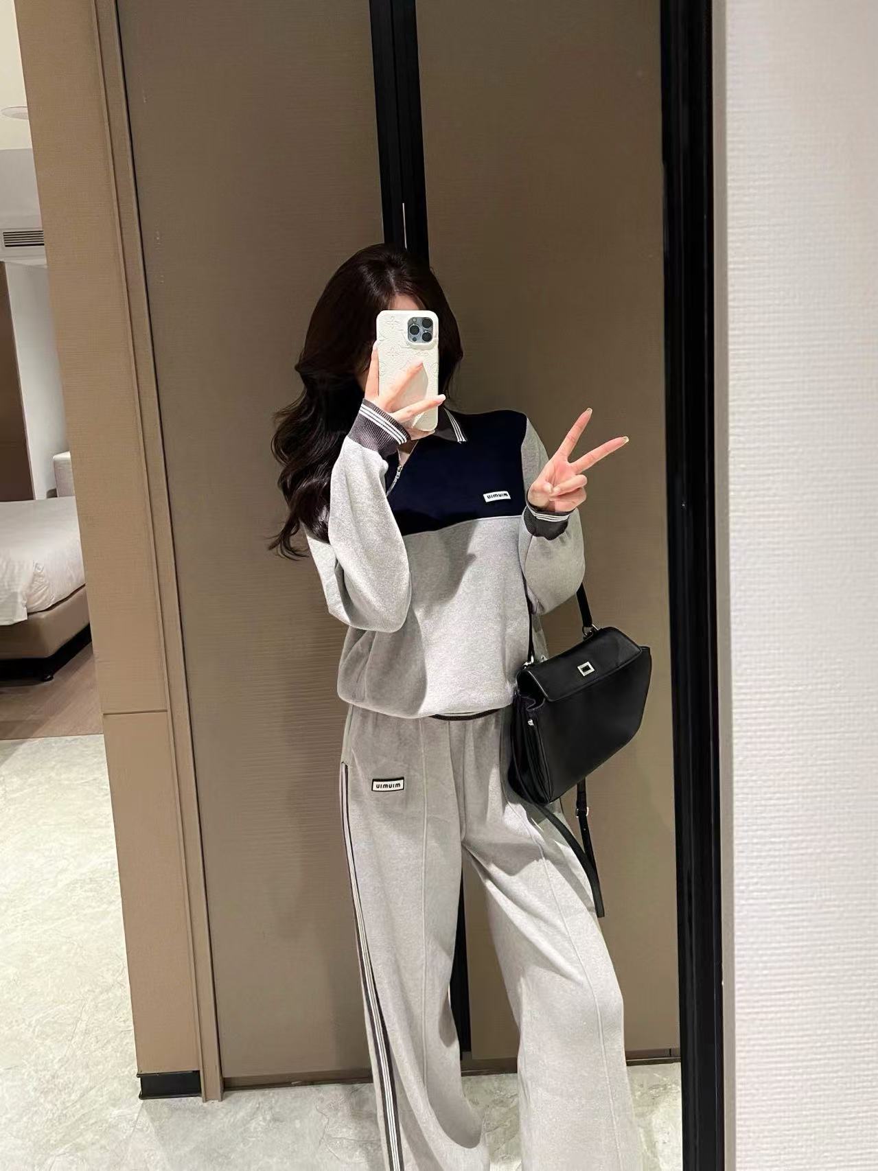 M1UM1U カラーブロック ジッパートップ + パンツ ツーピースセット【50％割引+送料無料】