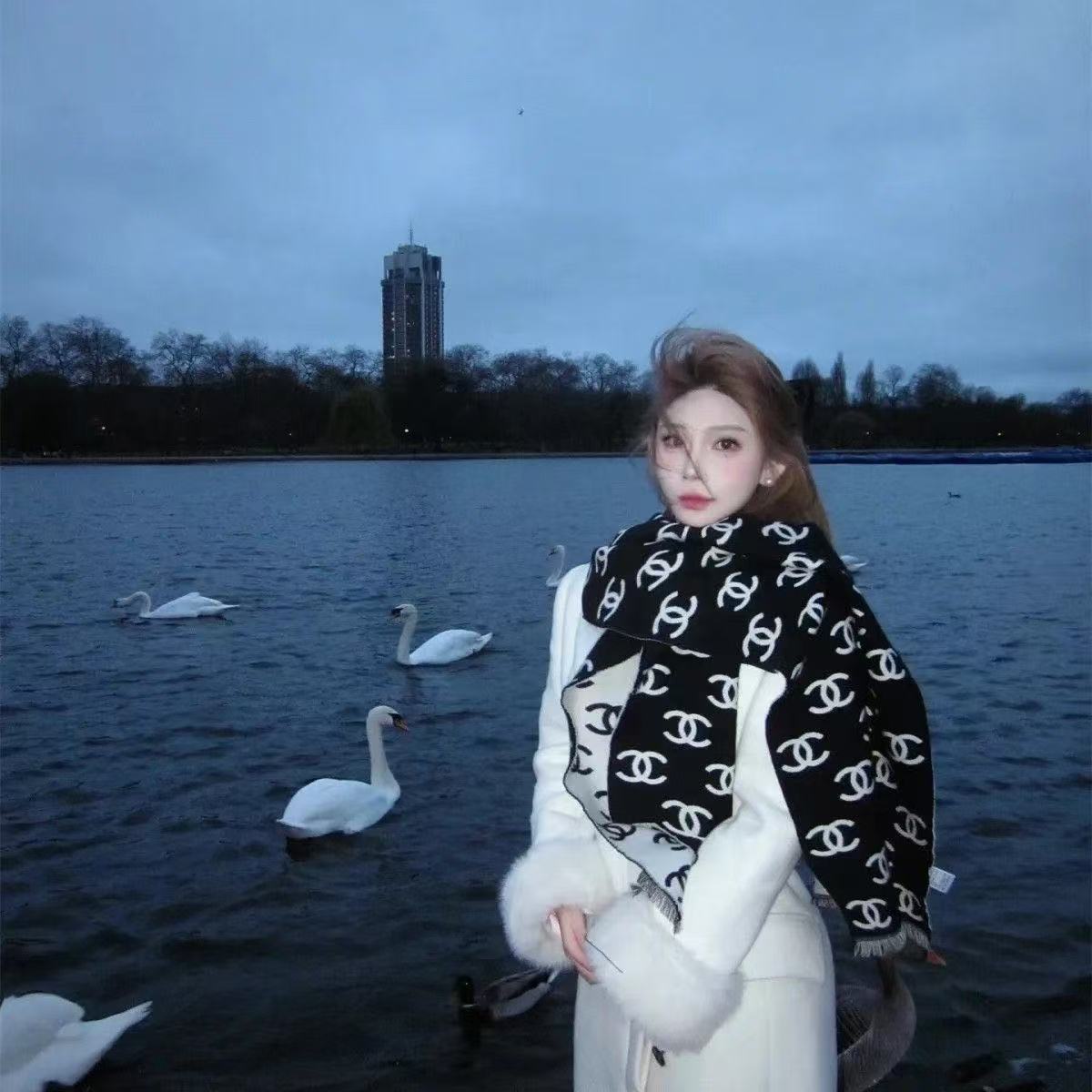 CHANE1 フルダブルCカシミアスカーフ【50％割引+送料無料】