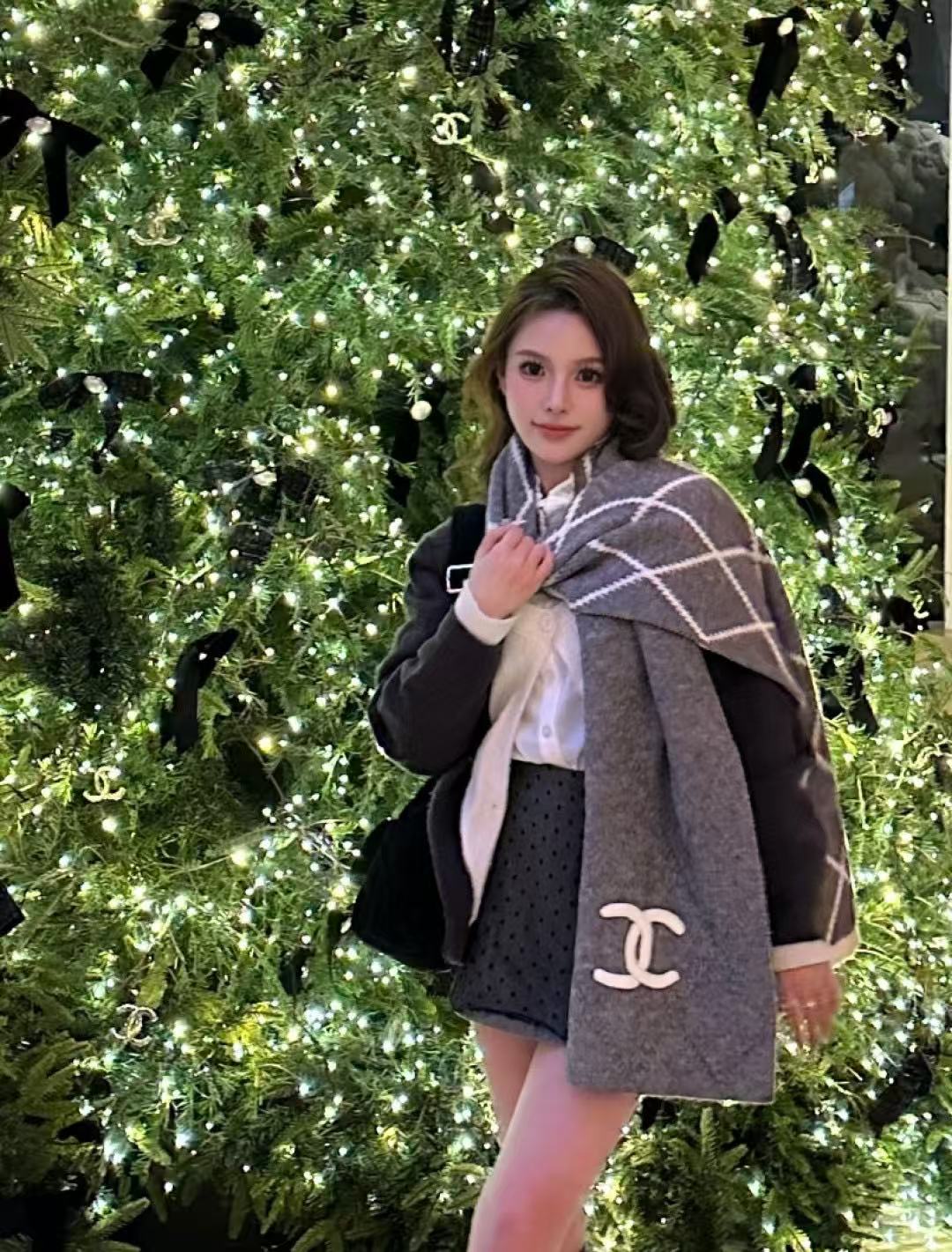 CHANE1 ダブルC チェック柄ウールスカーフ【50％割引+送料無料】