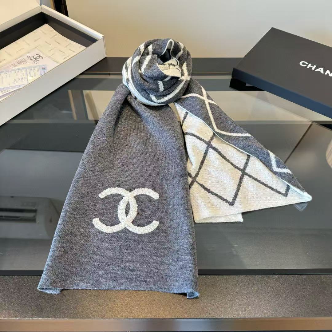 CHANE1 ダブルC チェック柄ウールスカーフ【50％割引+送料無料】