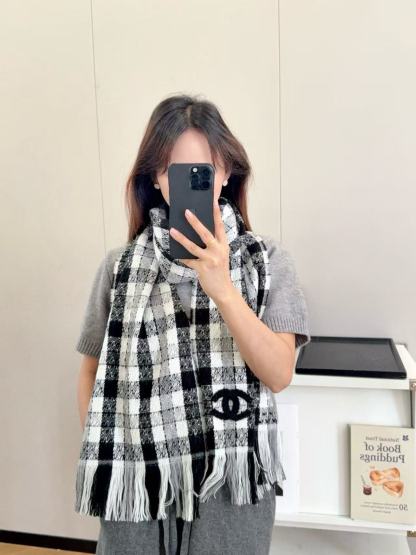 CHANE1 秋冬 ダブルC 千鳥格子 タッセル スカーフ【50％割引+送料無料】