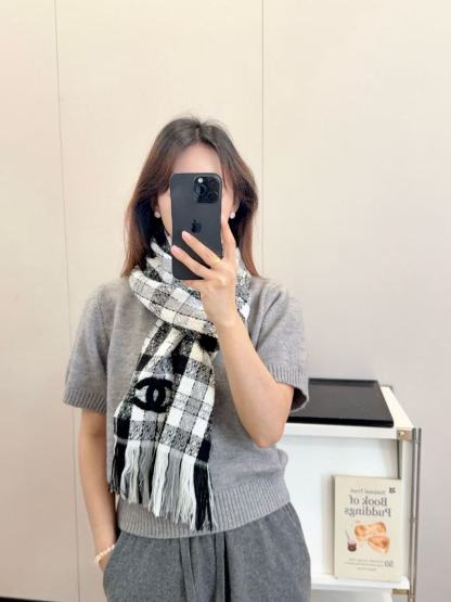 CHANE1 秋冬 ダブルC 千鳥格子 タッセル スカーフ【50％割引+送料無料】