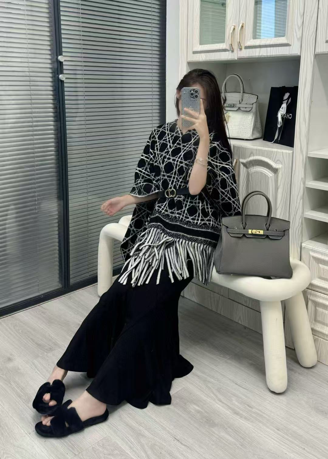 DI0R チェック柄タッセル カシミアスカーフ【50％割引+送料無料】