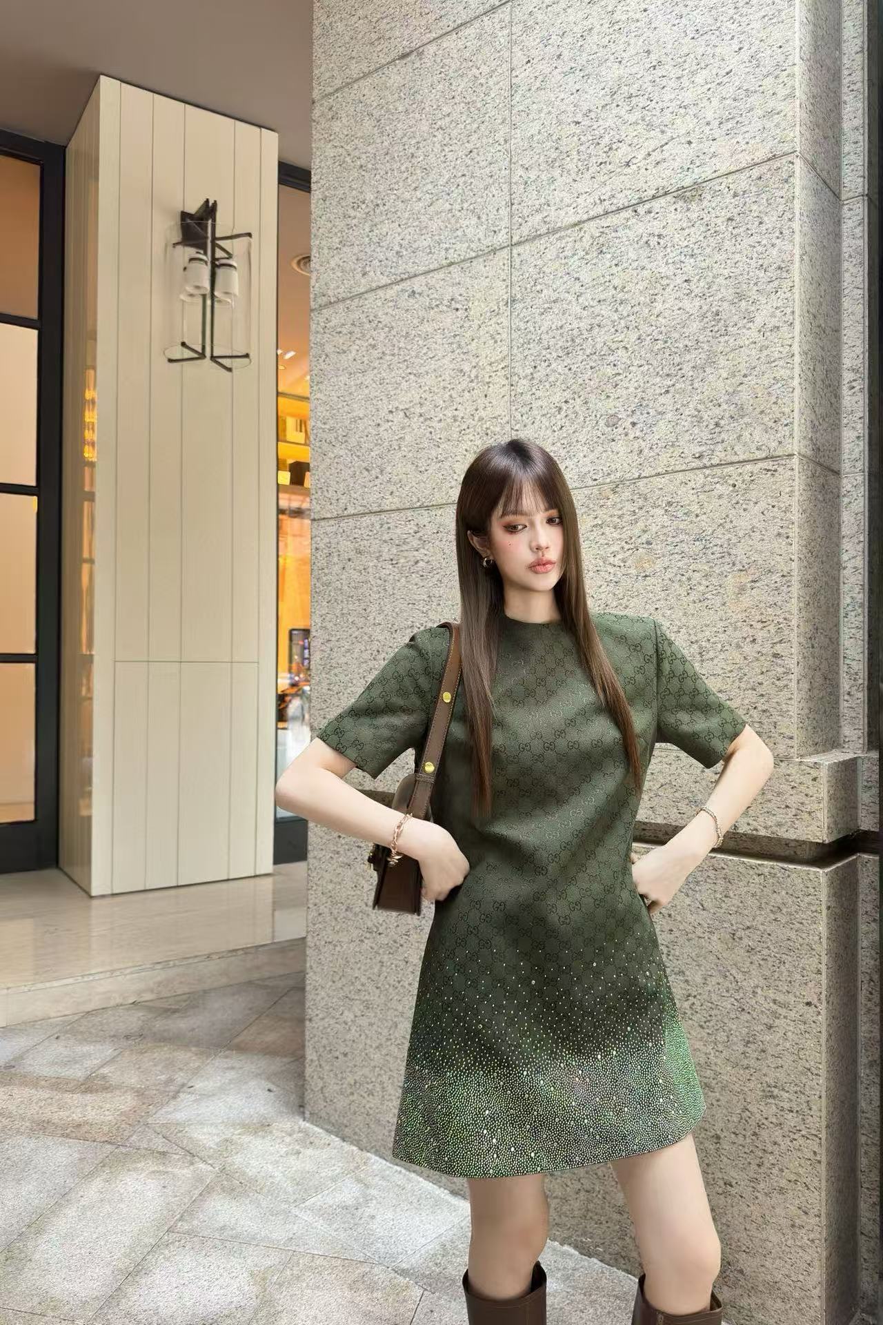 GUCC1 ホットダイヤモンドジャカード半袖ドレス【50％割引+送料無料】