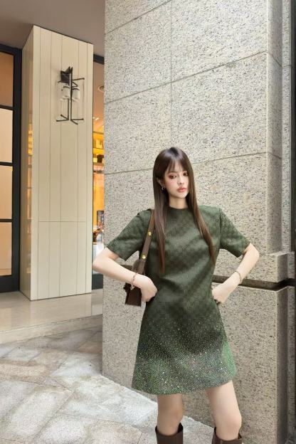 GUCC1 ホットダイヤモンドジャカード半袖ドレス【50％割引+送料無料】