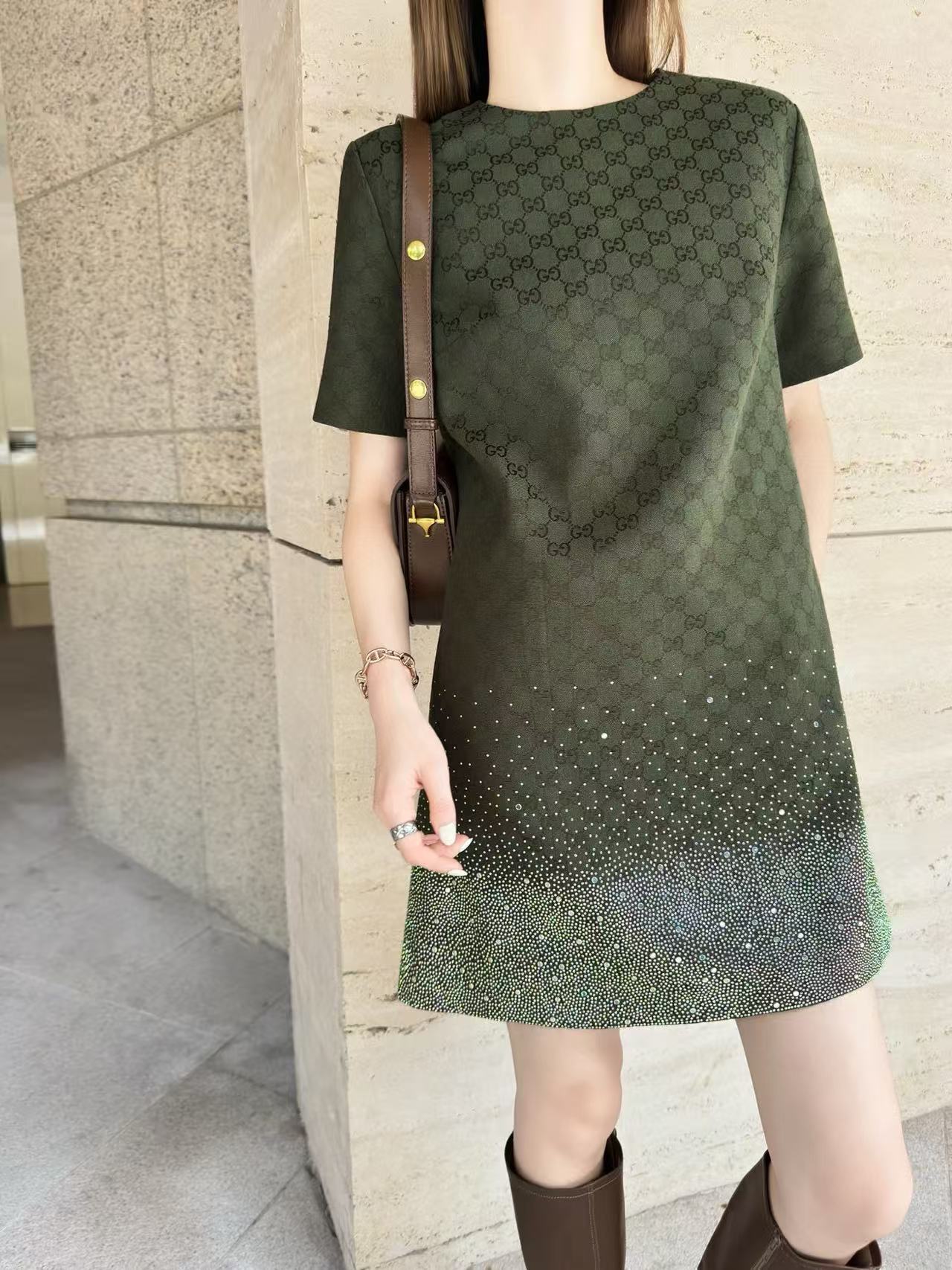 GUCC1 ホットダイヤモンドジャカード半袖ドレス【50％割引+送料無料】