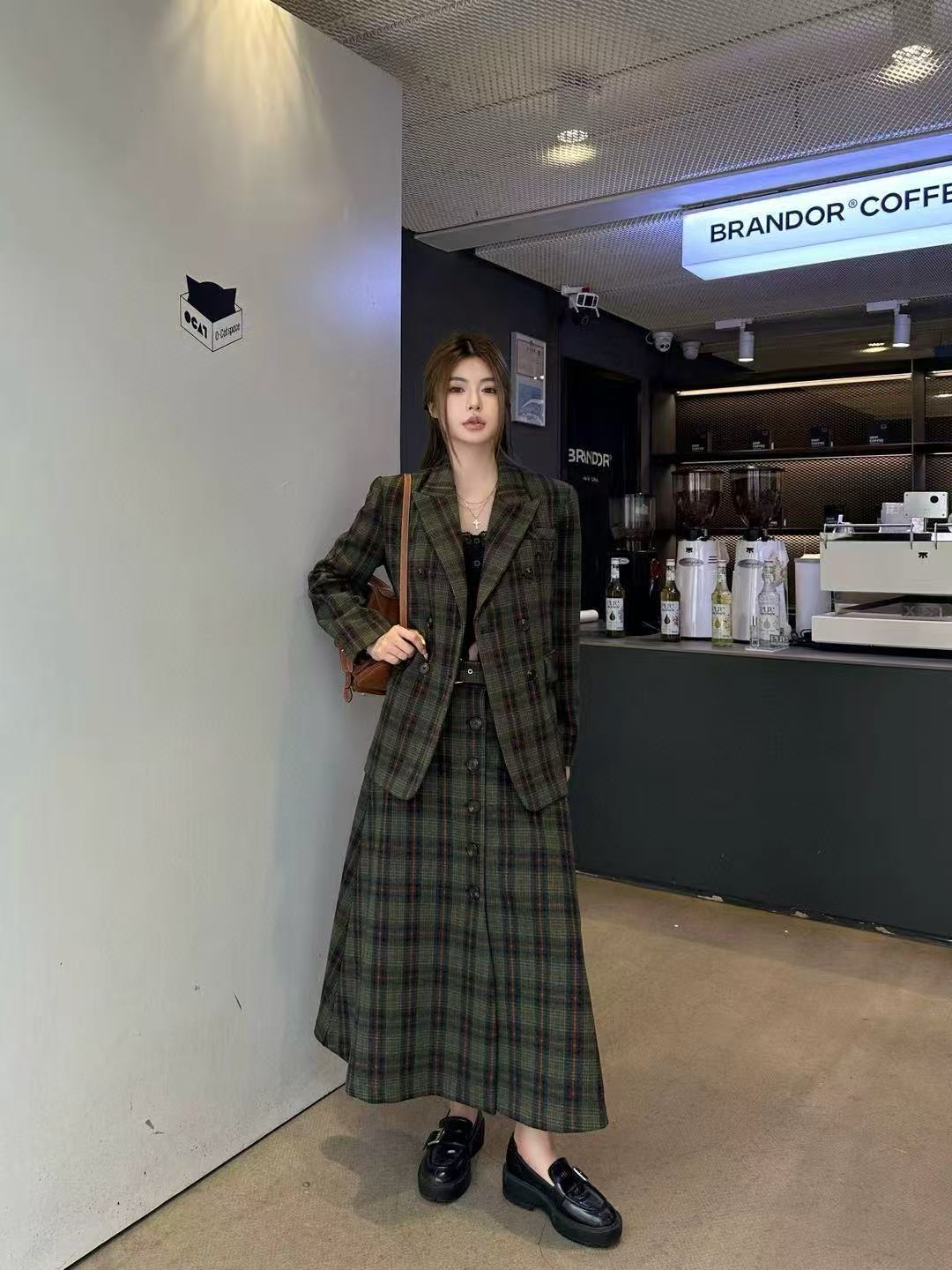 M1UM1U 高品質チェック柄コート+スカート ツーピースセット【50％割引+送料無料】