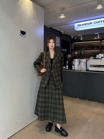 M1UM1U 高品質チェック柄コート+スカート ツーピースセット【50％割引+送料無料】