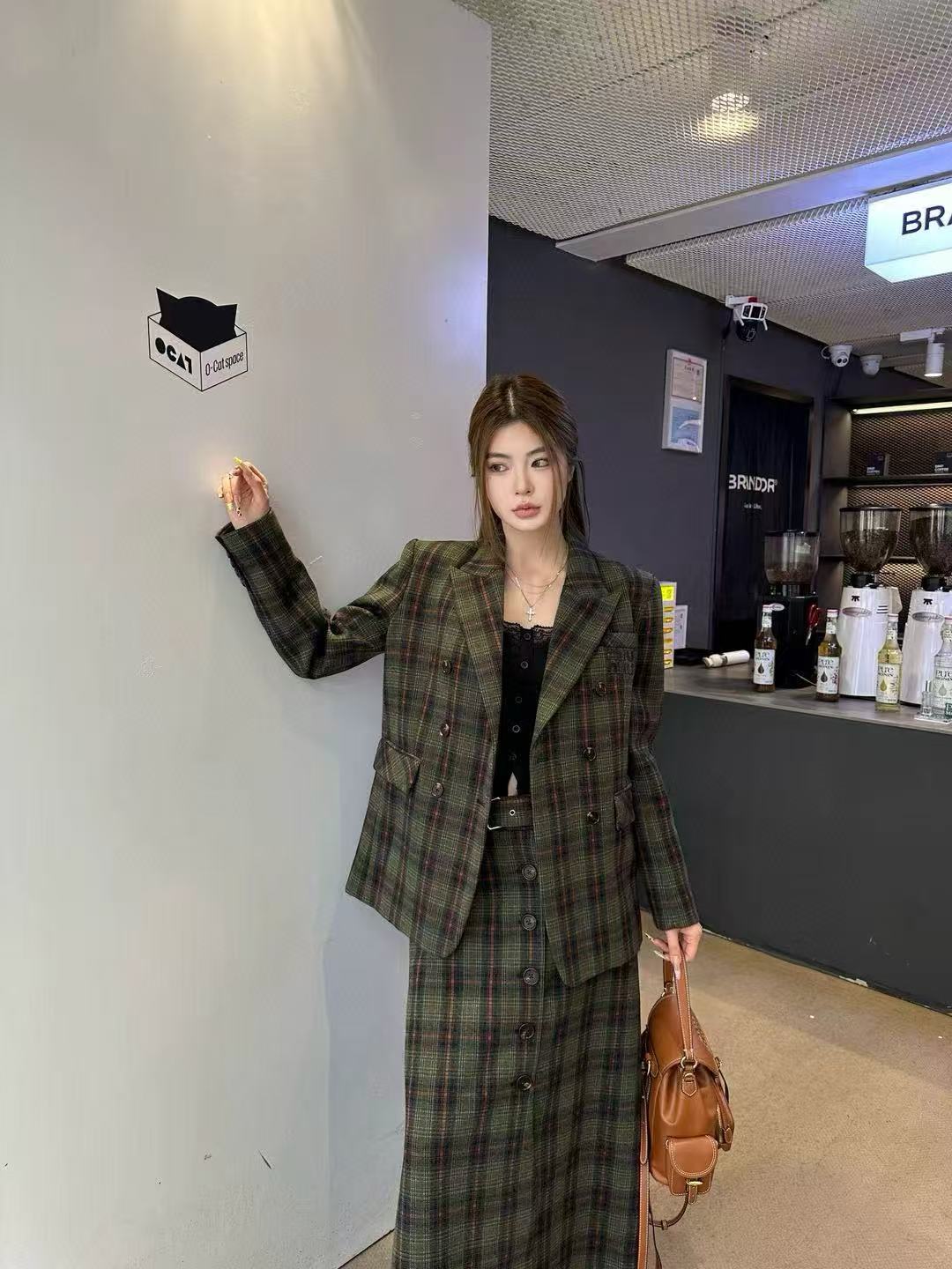 M1UM1U 高品質チェック柄コート+スカート ツーピースセット【50％割引+送料無料】