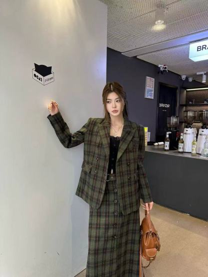 M1UM1U 高品質チェック柄コート+スカート ツーピースセット【50％割引+送料無料】