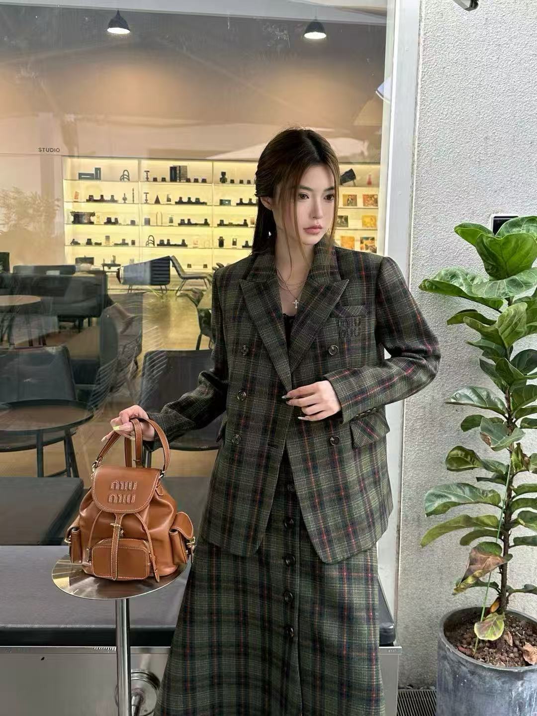 M1UM1U 高品質チェック柄コート+スカート ツーピースセット【50％割引+送料無料】