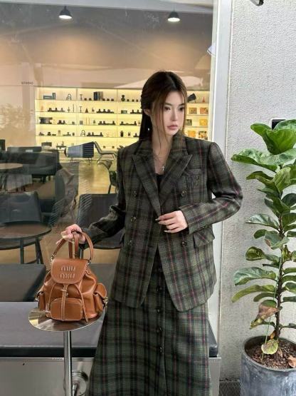 M1UM1U 高品質チェック柄コート+スカート ツーピースセット【50％割引+送料無料】