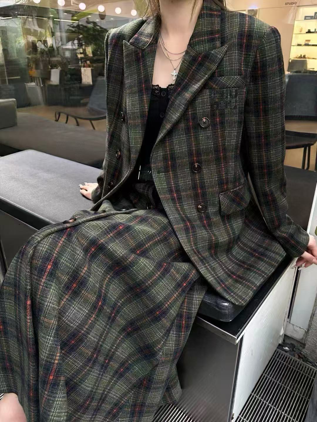 M1UM1U 高品質チェック柄コート+スカート ツーピースセット【50％割引+送料無料】