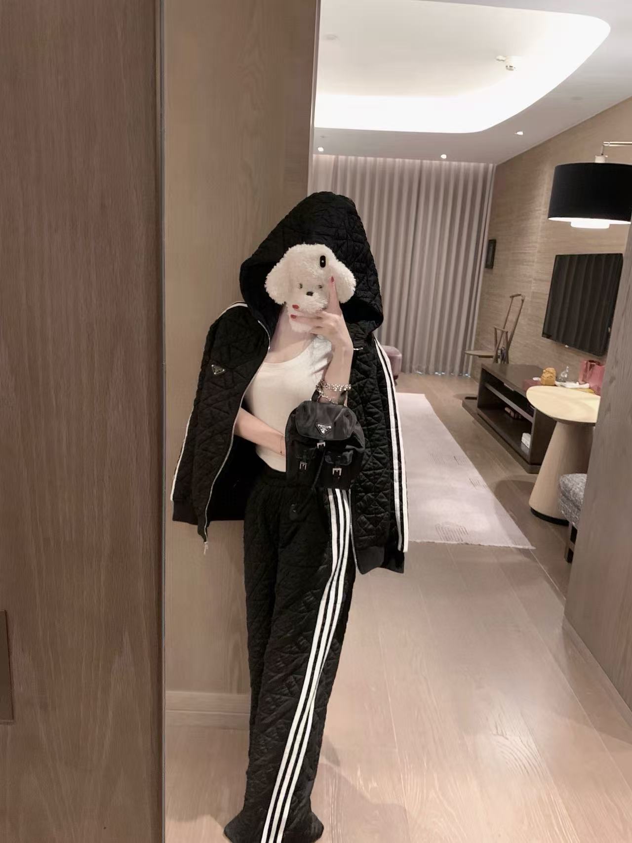 PR4DA チェック柄フード付きジャケット+パンツ ツーピースセット【50％割引+送料無料】