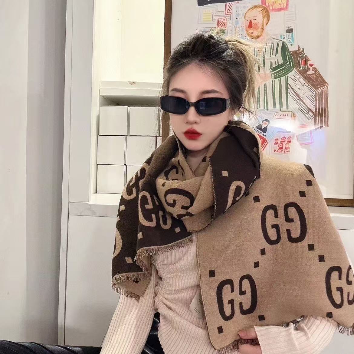 GUCC1 タッセル カシミアスカーフ【50％割引+送料無料】